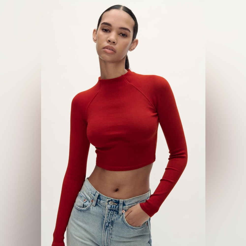 Zara Mock turtleneck top with long raglan sleeves in deep red
